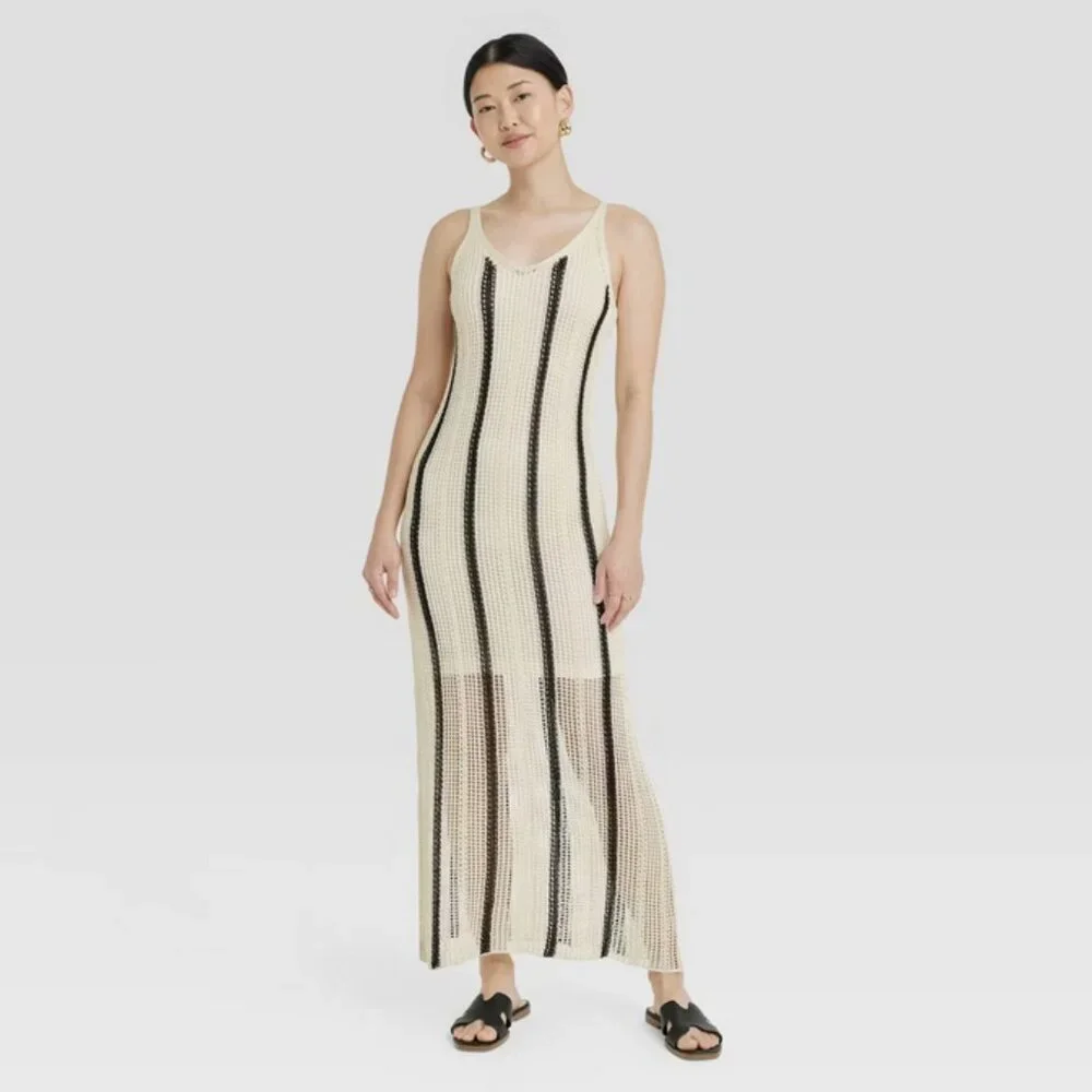 Women's Open Work Maxi Sundress - A New Day Cream/Black Striped S - Picture 4 of 4